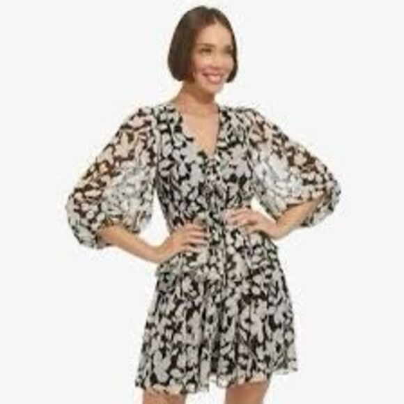 NWT Tommy Hilfiger Women's Balloon Sleeve Tie Front Floral chiffon Print Dress - Picture 3 of 11